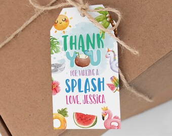 EDITABLE Splish Splash Pool Party Favor Thank You Gift Tag -  pool floaty summer ice cream gift tag - Summer Pool Party Favor Tag 2x3.5 PDF