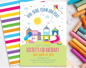 Editable Run, Slide, Climb and Come and Play Playground Birthday Invitation - Jungle Gym Invitation - Summer outdoor play Invitation 5x7 PDF