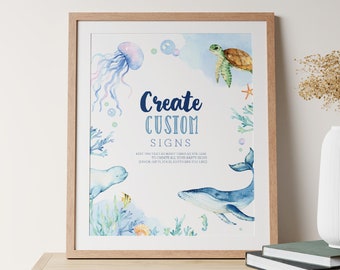 EDITABLE Ocean One-der the Sea Birthday Custom Sign - Under the sea Ocean Animals Whale Turtle  Birthday Party Table Signs PDF DIY File 8x10