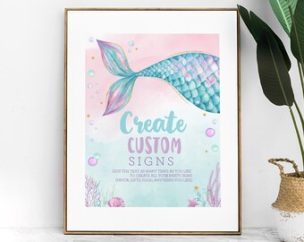 Può includere: Modello di cartello di coda di sirena stampabile con il testo "Create Custom Signs" e istruzioni per modificare il testo tutte le volte che vuoi per creare tutti i tuoi cartelli per feste. Il cartello presenta una coda di sirena ad acquerello con accenti rosa, blu e dorati.