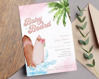 Editable Baby on Board Surfing Pink Girl Baby Shower Invitation - Girl Surf Beach Ocean Baby Shower - Surfing Baby Shower Invitation PDF 5x7