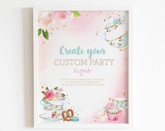 Puede incluir: Una plantilla de letrero digital con un diseño de acuarela que muestra una tetera, tazas de té, un cupcake y un pretzel sobre un fondo rosa. El texto dice Create your CUSTOM PARTY signs, con texto editable debajo.