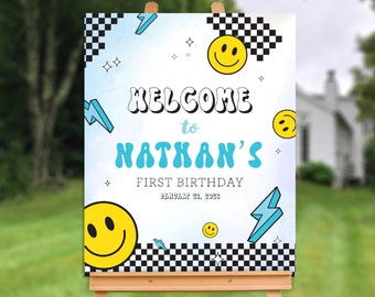 EDITABLE One Happy Dude Retro Groovy Birthday Welcome Poster - Groovy 70&#39;s Boy Birthday Welcome Sign - Smiley Retro Welcome Birthday Poster