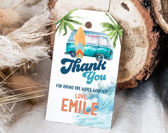 May include: A blue and white thank you tag with a watercolor illustration of a vintage van with a surfboard on top. The text reads "Thank You for riding the waves with me! Love, Emile".