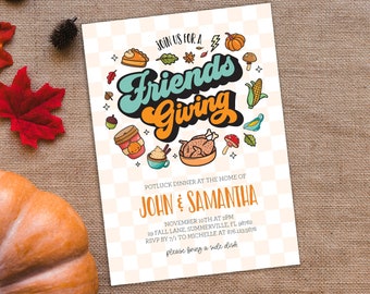 Könnte beinhalten: Eine editierbare, druckbare Einladung zu einem Friendsgiving-Potluck-Dinner. Die Einladung zeigt einen karierten Hintergrund mit einer Cartoon-Illustration eines Truthahns, einer Torte und anderer Thanksgiving-Motive. Der Text lautet "Join us for a Friendsgiving Potluck Dinner at the home of John & Samantha, November 10th at 2 PM, 29 Fall Lane, Summerville, FL 98762, RSVP by 7/1 to Michelle at 876.123.5678, please bring a side dish."