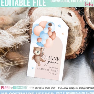 Editable Teddy Bear Balloon Baby Shower Thank you Favor Tag - We can Bearly Wait Thank you Tag - Balloon Teddy Baby Thank You Tag PDF DIY