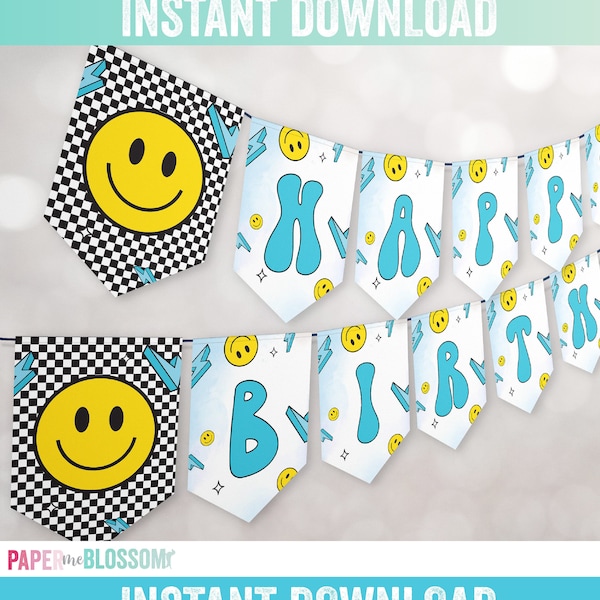 One Happy Dude Happy Birthday  Banner - Smiley Face Retro Groovy Printable Happy Birthday Banner - Blue Boy Banner INSTANT DOWNLOAD