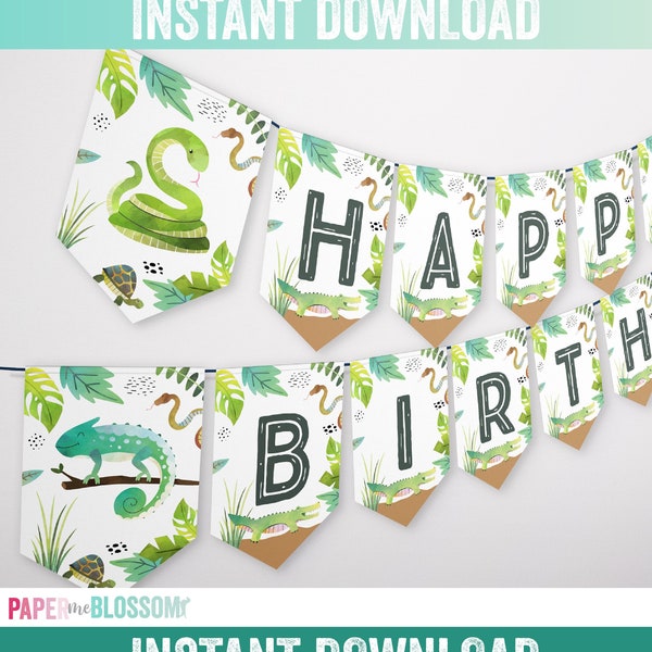 INSTANT DOWNLOAD Hop Creep and Slither Reptile Birthday Banner - Alligator Snake Chameleon tortoise lizard Banner - Outdoor Critter Banner