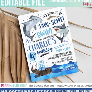 Editable Shark Jaw-Some Pool Party Birthday Invitation - Shark Swimming Pool Invite - Shark Fish Pool Party Template 5x7 PDF