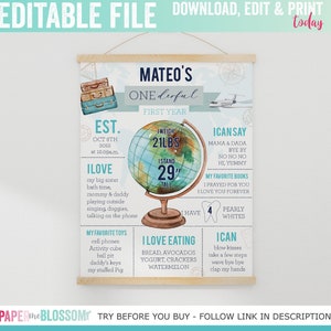 EDITABLE What a ONEderful World Boy Birthday Stats Info Poster - Adventure Awaits First Birthday Stats Sign -Boy 1st Birthday Poster 16x20