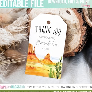 Editable Little Cowboy Baby Shower  Thank you Favor Tag -  Wild West Rodeo Thank you Tag - Desert Red Rock Canyon western Baby Shower Tag