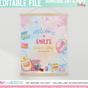 May include: A printable welcome sign for a birthday party with a pink and blue watercolor background. The sign says "Welcome to Emily's Bake Shop Birthday Bash". There are illustrations of baking supplies, including a mixer, a cupcake, and a bag of flour.