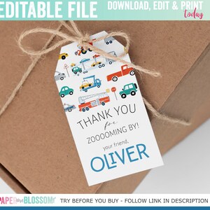 EDITABLE Transportation Birthday Favor Thank You Gift Tag -  Bus, Truck, Cars, Vehicle gift tag - Honk, Beep, Vroom Car Favor Tag 2x3.5 PDF
