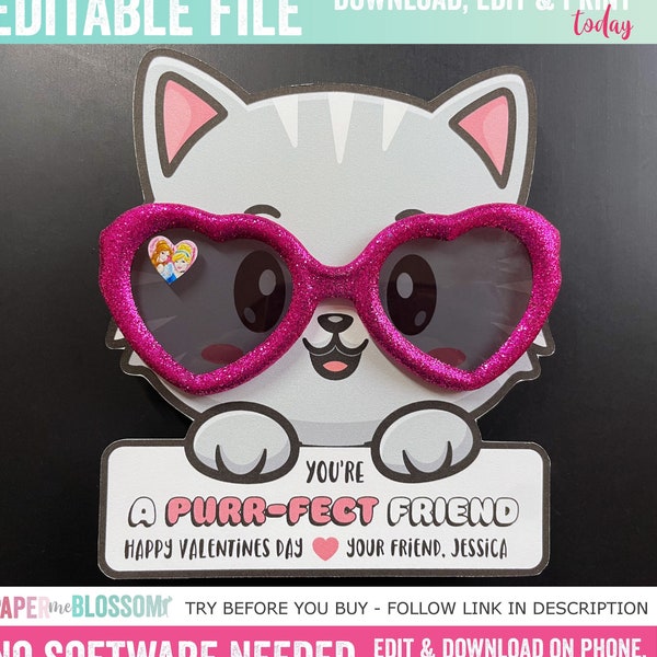 EDITABLE Valentine Sunglasses Gift Exchange Kids Gift Tag - Your Purr-fect Cool Cat Sunglasses Valentines Non Food Classroom Exchange Tag