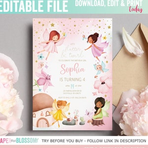 Może przedstawiać: Różowe i złote zaproszenie na urodziny z motywem wróżek. Zaproszenie zawiera fantazyjną ilustrację wróżek, motyli i kwiatów. Tekst brzmi "Let's flutter & twirl to celebrate the birthday girl Sophia is turning 4. April 14 at 2pm. 29 Fairybloom Drive Dustville, NJ 08675. RSVP to Shelly at 456.234.8976."