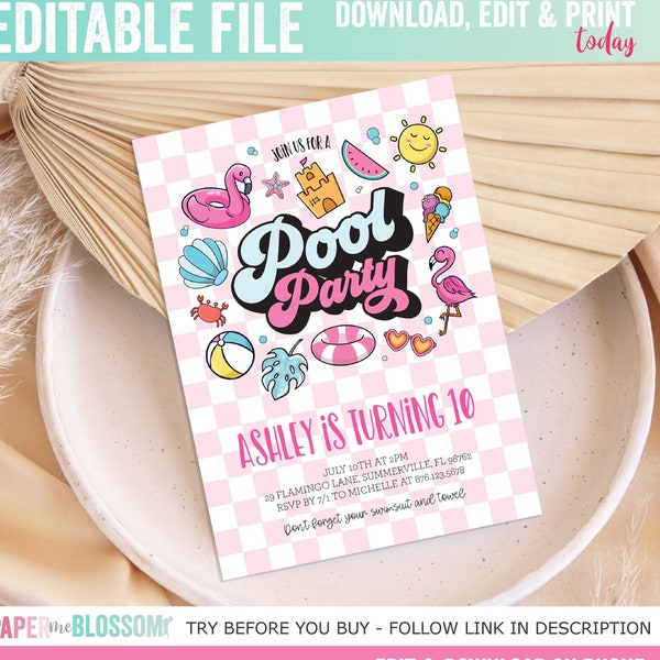 Editable Retro Groovy Summer Pool Party Birthday Invitation - Pool Float Pink Checkered Retro Invite - Summer outdoor Invitation 5x7 PDF