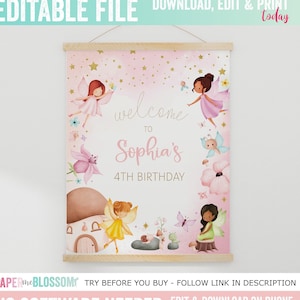 Puede incluir: Señal imprimible editable para una fiesta de cumpleaños de 4 años con un tema de hadas rosa y dorada. El cartel dice "Bienvenido a Sophia's 4th Birthday".