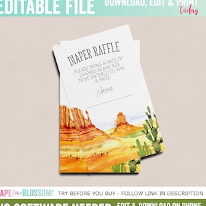 Editable Little Cowboy Baby Shower Diaper Raffle -Wild West Rodeo Baby Shower -Desert Baby Red Rock Canyon Western Diaper Raffle PDF 2x3.5