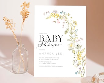 Editable Wildflower Baby Shower Invitation - Baby in Bloom Baby Shower - Floral Little Wildflower is on the way Baby Shower Invitation PDF