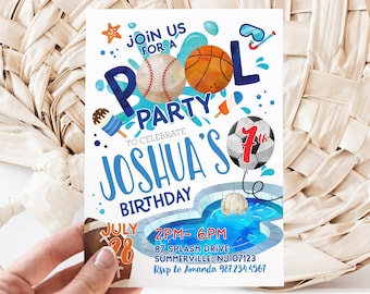 Editable Sports Balls Summer Pool Party Birthday Invitation - Basketball Soccer Baseball Volleyball Football Splish SplashPool Party 5x7 PDF