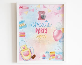 Könnte beinhalten: Eine digitale Plakatvorlage mit Aquarellillustrationen von Backutensilien, darunter ein rosa Mixer, eine Schürze, ein Cupcake und eine Mehltüte. Der Text lautet create PARTY signs und enthält Anweisungen zum Bearbeiten des Textes für Schilder.