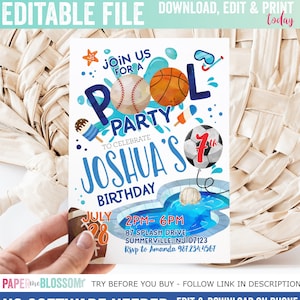 Editable Sports Balls Summer Pool Party Birthday Invitation - Basketball Soccer Baseball Volleyball Football Splish SplashPool Party 5x7 PDF