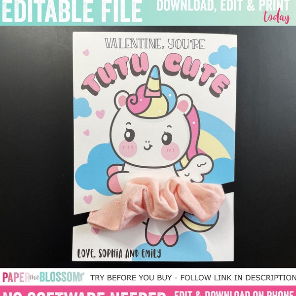 EDITABLE Valentine, You're Tutu Cute Scrunchy Gift Exchange Kids Gift Tag - Scrunchy Unicorn Valentines Non Food Classroom Exchange Tag