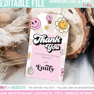 Etiqueta de presente de aniversário com dois smileys rosa retrô bacanas editáveis, etiqueta de presente de agradecimento - flor de margarida retrô groovy, etiqueta de presente de agradecimento 2x3,5 PDF
