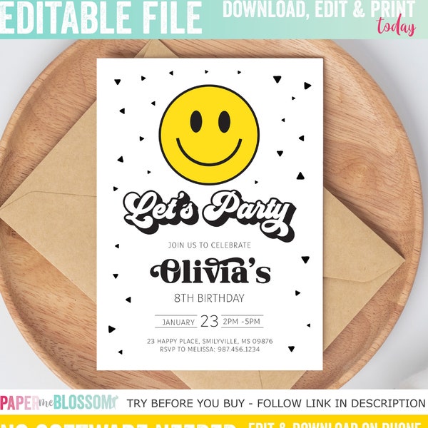 Bearbeitbare Let's Party Retro Gelbe Smiley-Geburtstags-Einladung - Retro Groovy Smiley-Geburtstags-Einladung - Smiley-Geburtstags-Party