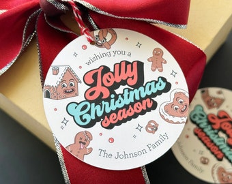12 Jolly Retro Cookie Christmas Gift Tags - Wishing you a Jolly Christmas Season - Gingerbread Retro Cookie Tag - Personalized with Name