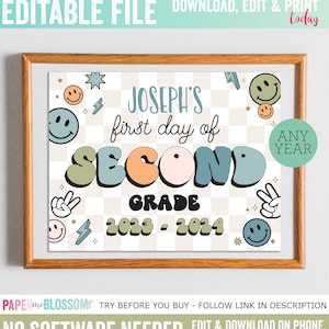 EDITABLE First Day of School Retro Custom Sign ANY GRADE  - Back to School Boy Smiley face Retro Poster - 8x10 or 16x20 Instant Download
