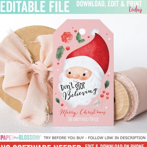 May include: Pink Christmas gift tag featuring a cartoon illustration of Santa Claus with the text "Don't Stop Believing" and "Merry Christmas The Sheppard Family".