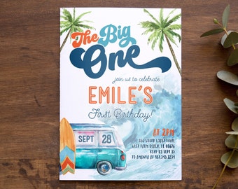 Editable Surfing The Big One Boy First Birthday Invitation - Surf Beach First Birthday Invite - Surfer Wave Van Party Retro PDF 5x7