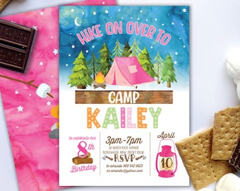 EDITABLE Hike on Over Girl Camping Invitation - Pink Camping Tent Invitation - Girl Glamping Invitation - Customizable PDF DIY File