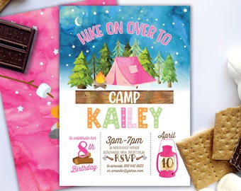 May include: A pink and green printable invitation for a girl's 8th birthday party. The invitation features a watercolor illustration of a pink tent, a campfire, and trees. The text on the invitation reads "Hike on over to Camp Kailey to celebrate her 8th Birthday".