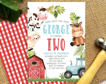 EDITABLE Farm Farm Animal Barnyard Birthday Party Invitation - Boy Red Barn Farm Invitation - Customize  Farm Invitation