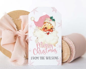 EDITABLE Pink Santa Vintage Merry Christmas Gift Tag - Pink Christmas Vintage Tag