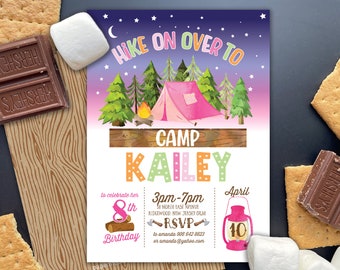 May include: A printable invitation with a camping theme. The design features a pink tent, campfire, and the text "Hike on Over To Camp Kailey." Includes details for an 8th birthday party. Graham crackers, marshmallows, and chocolate bars surround the invitation.