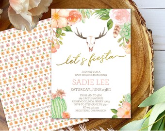 May include: A rectangular baby shower invitation card featuring a watercolor deer skull, peach flowers, green succulents, and a cactus. The text reads let's fiesta, JOIN US FOR A BABY SHOWER HONORING SADIE LEE, SATURDAY, JUNE 23RD, FROM 2PM TO 5PM, 289 CACTUS AVENUE, RIDGEWOOD, NEW JERSEY 07645, RSVP TO STEPHANIE BY 5/30, AT 975.456.1234, REGISTERED ON AMAZON.