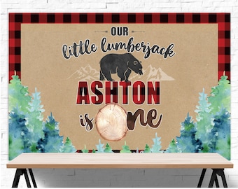 EDITABLE Our Little Lumberjack Buffalo Plaid Birthday Printable Party Poster Backdrop - DIY Printable Lumberjack Poster Backdrop