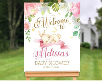 EDITIERBARE Little Bunny Baby Shower Willkommensschild - Ein kleines Häschen ist auf dem Weg Mädchen-Baby-Dusche-Willkommensschild - anpassbare PDF-DIY-Datei
