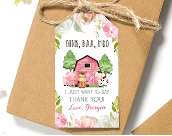 Pink Farm Girl Floral Birthday Editable Favor Thank You Gift Tag - Customizable floral watercolor Farm Thank you Favor Tag - Farm gift tag