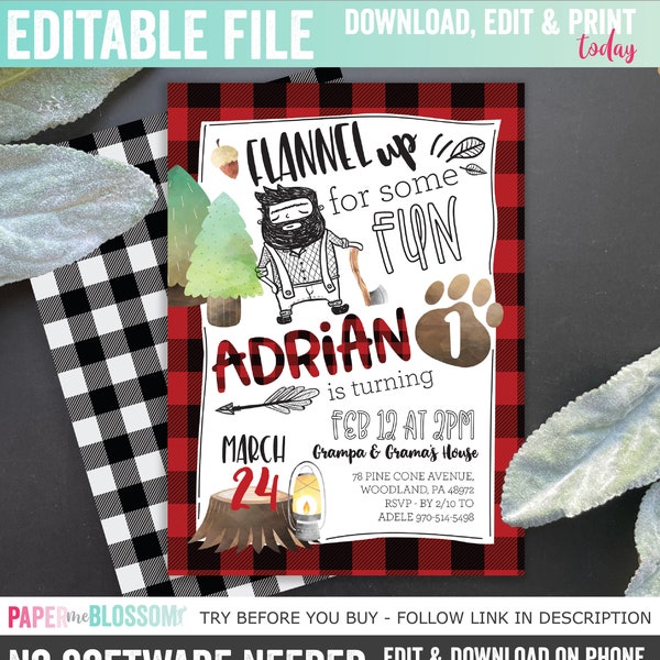 EDITABLE Lumberjack Flannel up for some Fun Party Invitation - Little Lumberjack is one - Customizable PDF DIY File