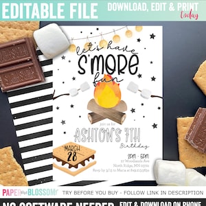 EDITABLE Let's have S'more Fun Party Invitation - Camping S'more Fun Invitation- Roasting Marshmallows Invite - Customizable PDF DIY File