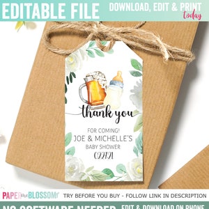 EDITABLE A Baby is Brewing Baby Shower Favor Thank You Gift Tag - Beer and Baby Bottle Baby Shower Thank you Favor Tag
