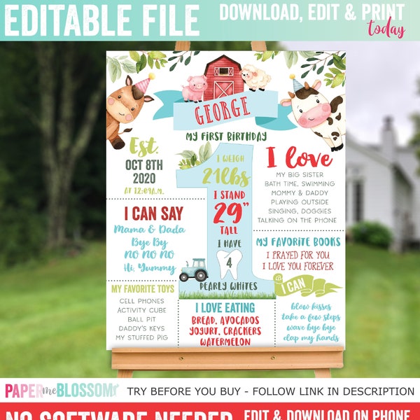 EDITABLE Farm Animal Barnyard First Birthday Stats Poster - Red Barn Farm Poster - Customize Farm Stats Poster