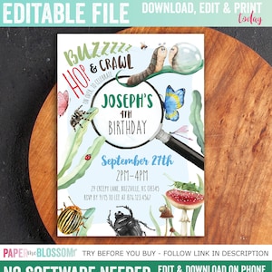 Könnte beinhalten: Eine blaue und grüne Geburtstagseinladung mit einer Lupe, Insekten und Schmetterlingen. Der Text lautet "Buzzzzz Hop & Crawl On Over To Celebrate Joseph's 4th Birthday September 27th 2PM-4PM 29 Creepy Lane, Buzzville, KS 08345 RSVP by 9/15 to Lee at 876.123.4567"