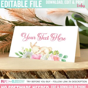 EDITABLE Little Bunny Pink Watercolor floral Place Card - Bunny Baby Shower Name Place Card - Bunny Baby Shower Food Name Card