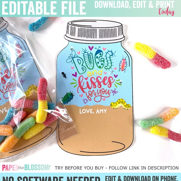 EDITABLE Bugs and Kisses Valentines Day Kids Gift Tag -  Valentines Treat Bag Tag - Bugs and Kisses Worm Candy Treat Gift Bag