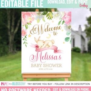 EDITABLE Little Bunny Baby Shower Welcome Sign - A Little Bunny is on the way Girl Baby Shower Welcome Sign - Customizable PDF DIY File
